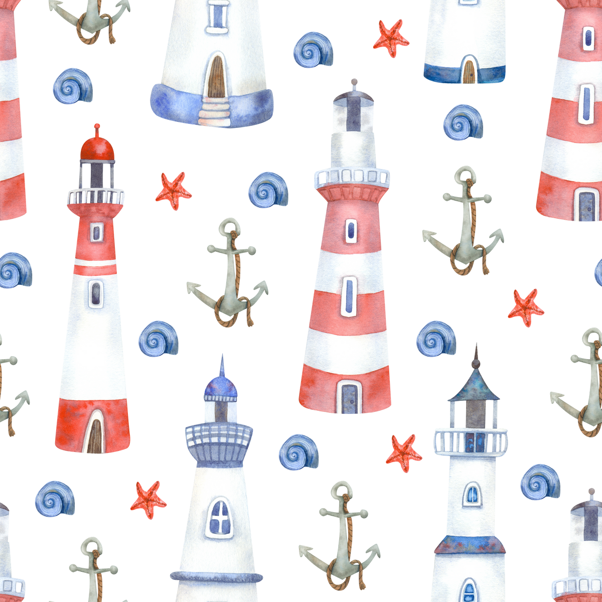 Watercolor seamless pattern with lighthouses, starfish and anchor