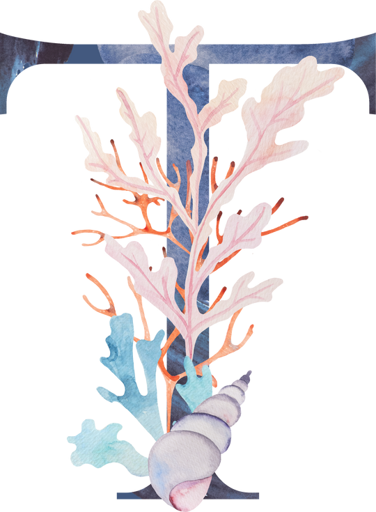 Blue Capital Letter T Decorated with Watercolor Seaweeds, Corals and Seashells Illustration.