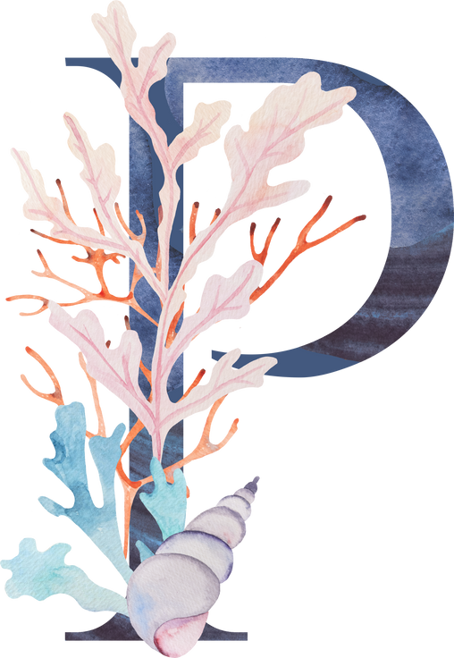 Blue Capital Letter P Decorated with Watercolor Seaweeds, Corals and Seashells Illustration.